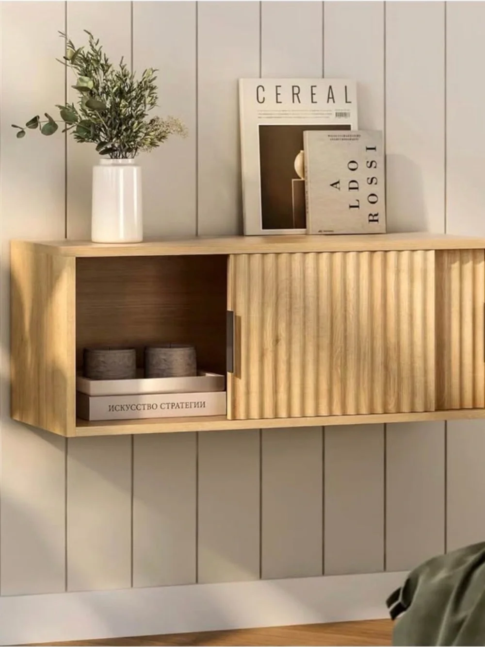 2 Floating Wood Media Console Cabinet in Natural Oak